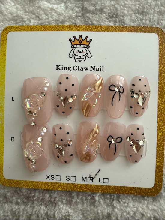 Other - Neutral Pink Press-On Nail Set with Black Dots & Gold Accents Medium
